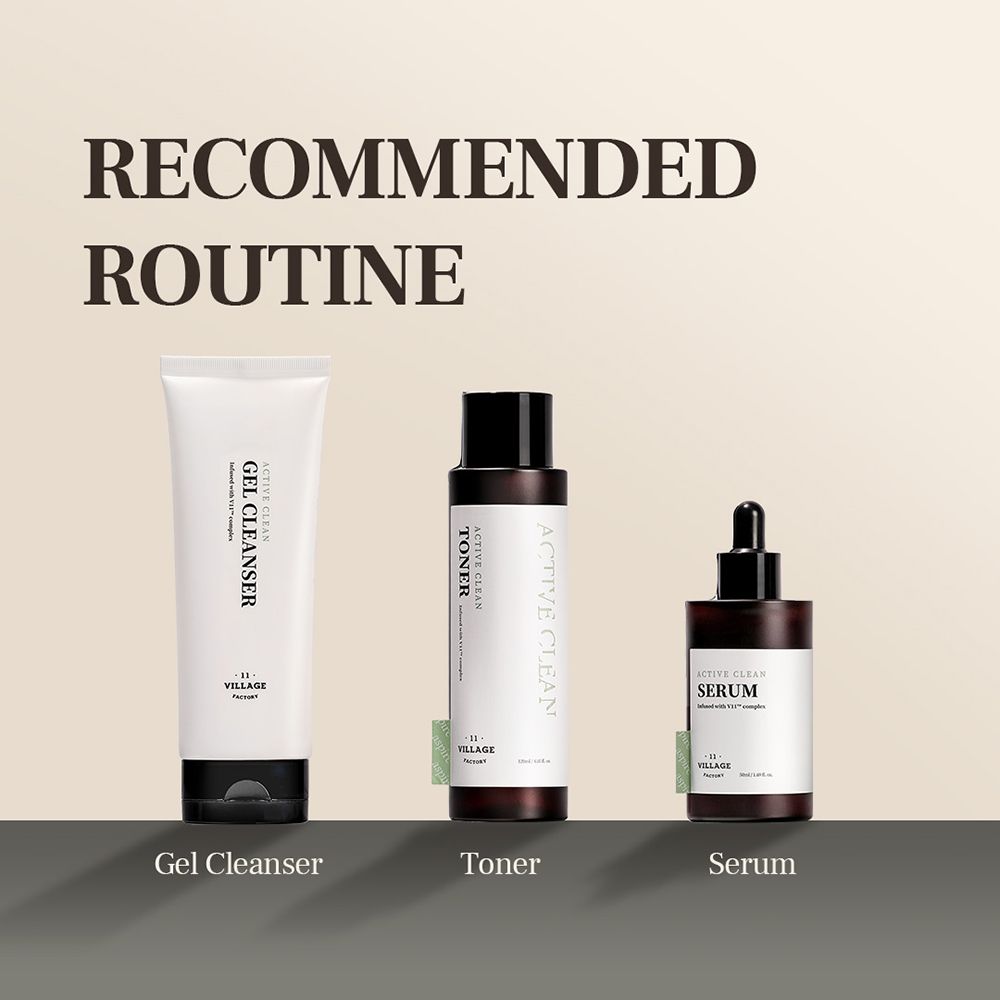 Tre prodotti: Gel detergente, Toner, Siero. Tutti con testo nero. Marchio: Village 11 Factory.
