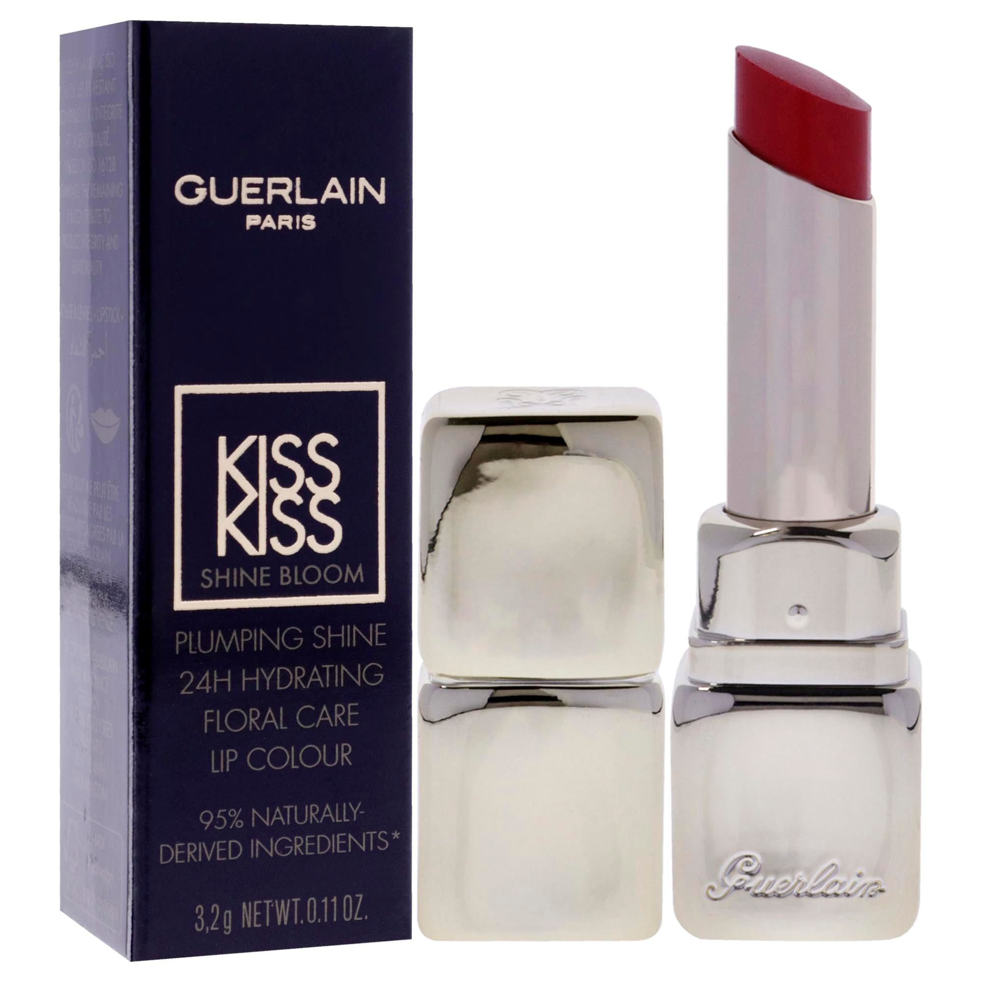 Rossetto e confezione. Rossetto argento con punta rossa. Confezione nera con testo bianco: Guerlain, KissKiss Shine Bloom.