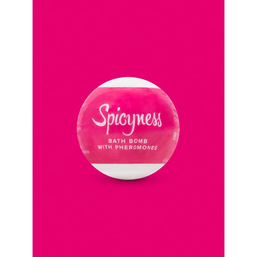Bomba da bagno rotonda, bianca e rosa. Scritta "Spicyness", "Bath Bomb with Pheromones".