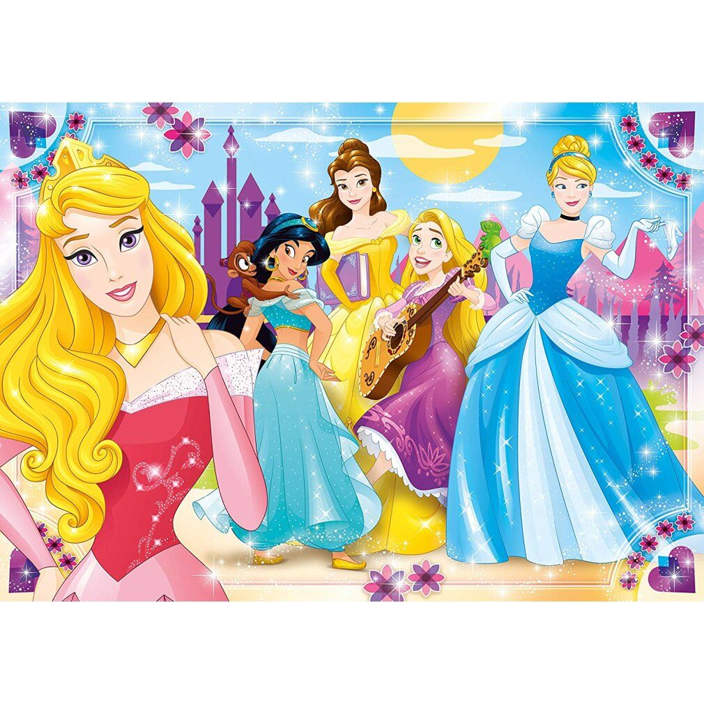 Puzzle Disney Principesse. 104 pezzi. Principesse davanti al castello e al sole. Clementoni.