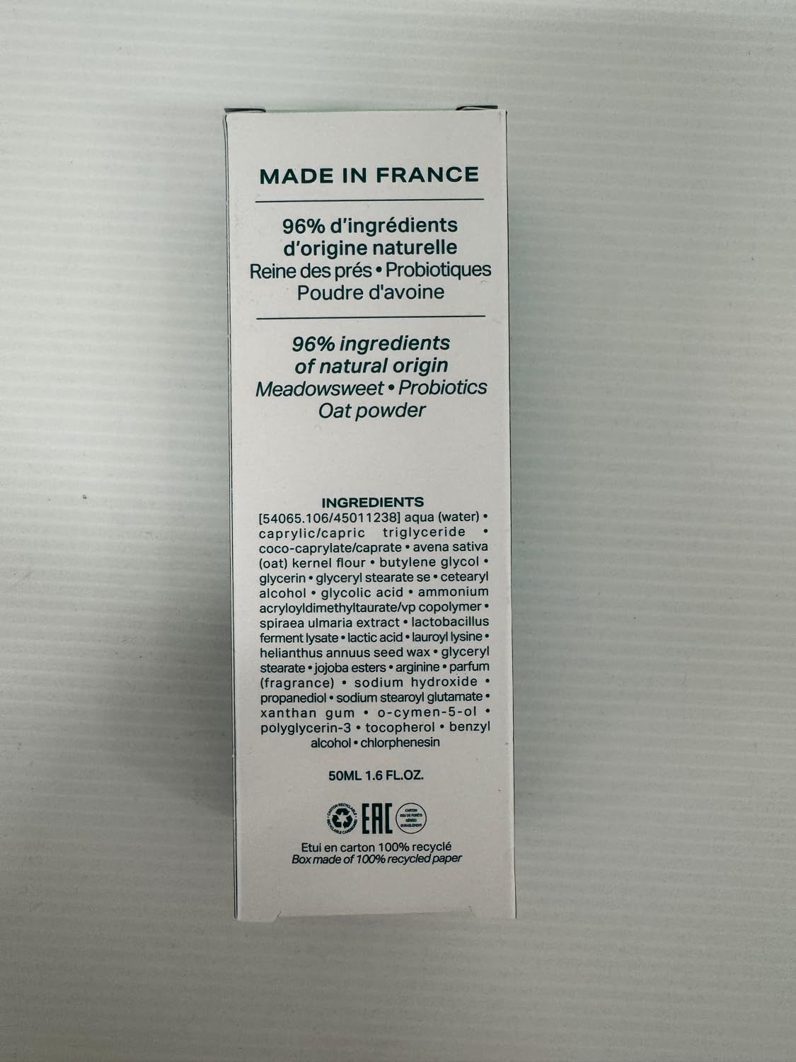 Retro della confezione. MADE IN FRANCE. Ingredienti e altre informazioni. 50ml 1.6 FL.OZ.