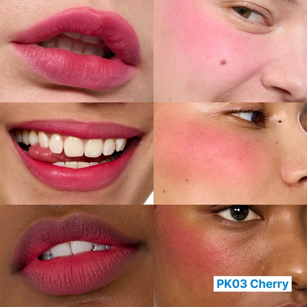Collage: labbra e guance con fard e rossetto rosa. Mostra diverse tonalità di pelle.