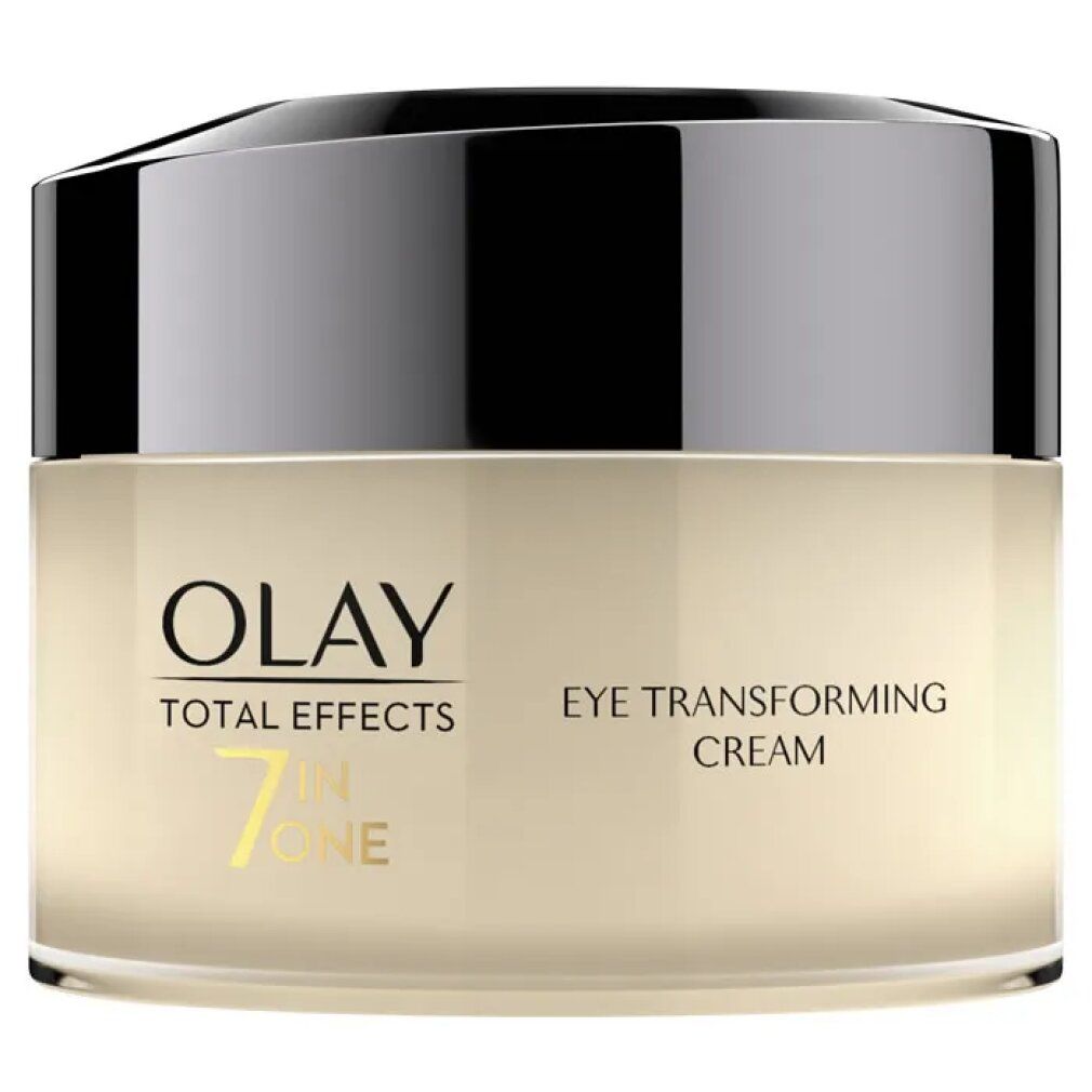 Crema occhi Olay Total Effects. Crema in un vasetto di vetro con coperchio nero. Nome e logo del prodotto visibili.