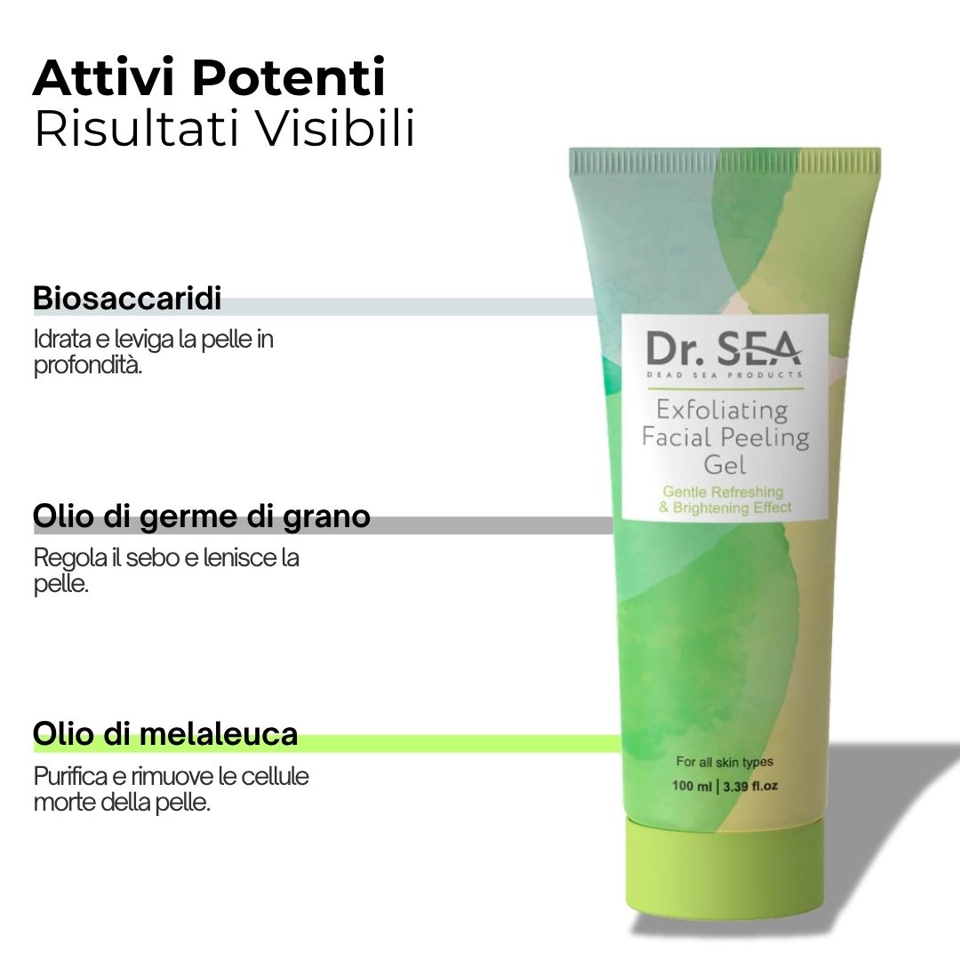 Tubo di gel con testo. Scritta: Dr. SEA, Esfoliante viso. Con ingredienti.