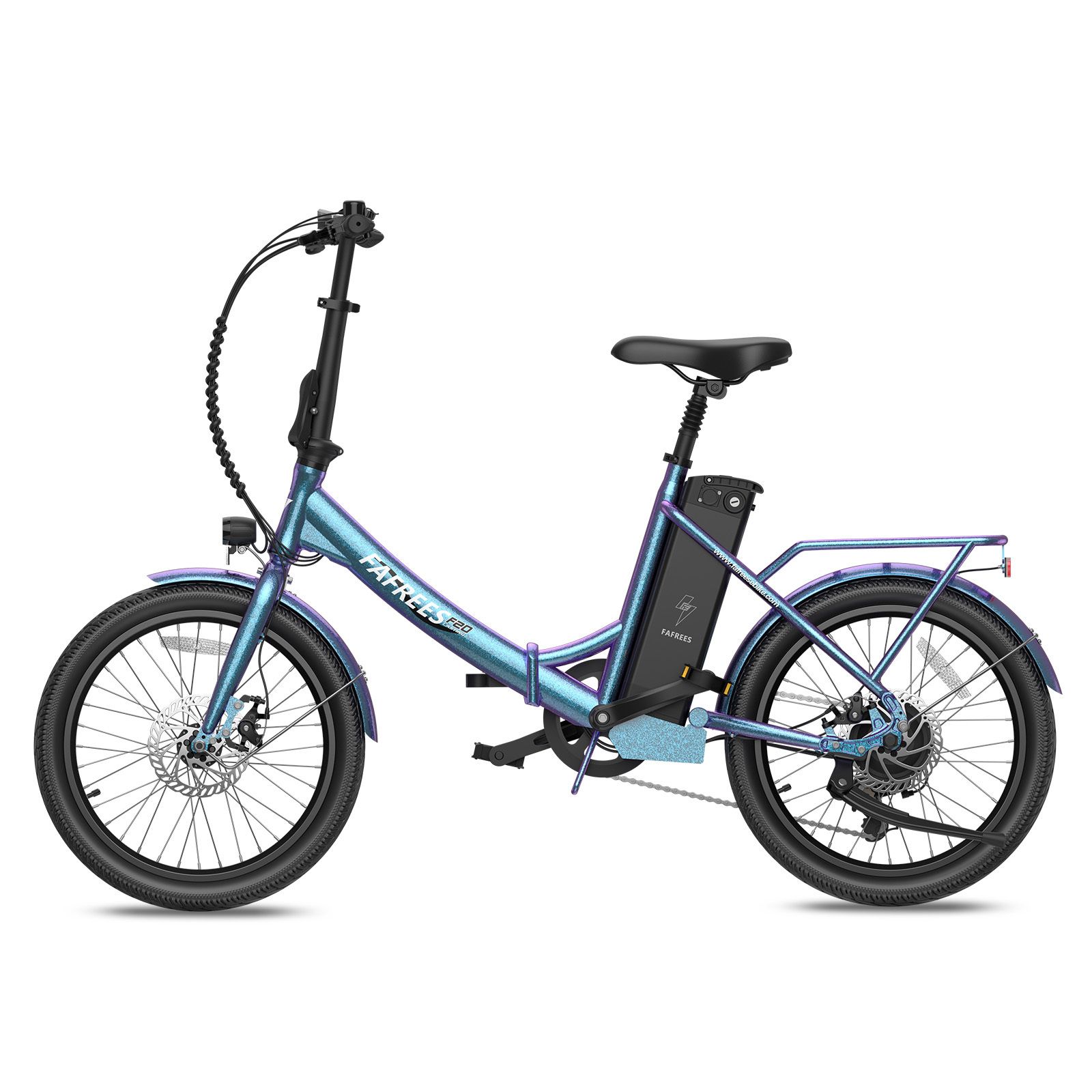 E-bike Fafrees F20 blu. Telaio pieghevole, portapacchi, freni a disco, batteria sul telaio. Pneumatici e sella neri.