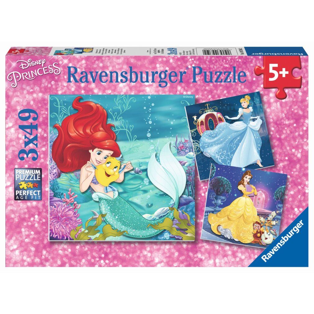 Puzzle Ravensburger Disney Princesses, 3x49 pezzi. Con Ariel, Cenerentola e Belle. Sfondo rosa.