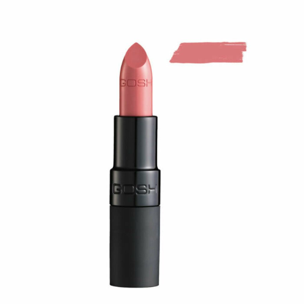 Rossetto rosa, astuccio nero. Campione di colore accanto. Marchio GOSH visibile.