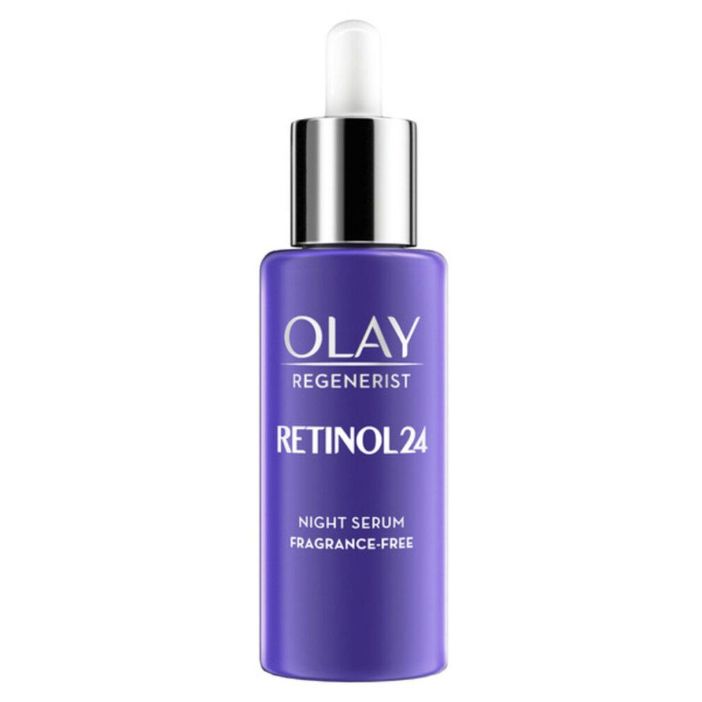 Siero notte Olay Regenerist Retinol 24. Flacone viola, tappo argento e pipetta. Testo: Retinol 24, Night Serum, Fragrance-Free.