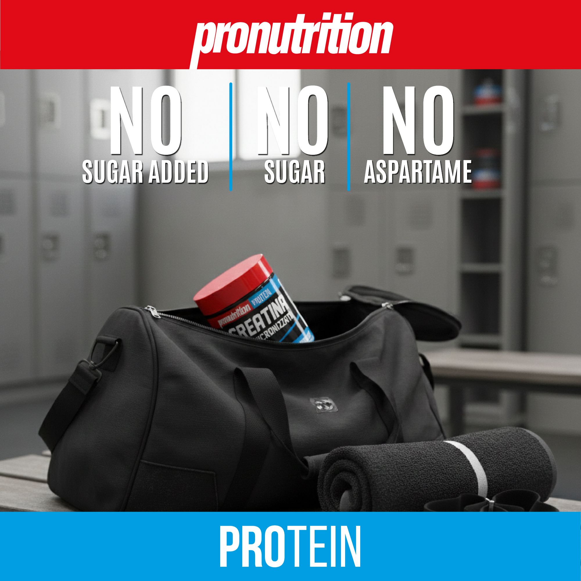 Barattolo di creatina micronizzata in borsa sportiva. Testo: Pronutrition, Protein, Creatina 100% Micronizzata. Senza zuccheri aggiunti, zucchero, aspartame. Blu e rosso.
