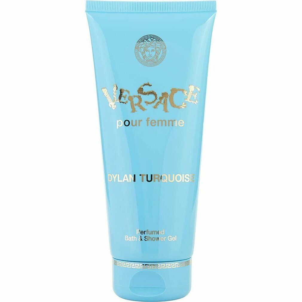 Tubo turchese. Scritta: Versace pour femme, Dylan Turquoise. Gel doccia. Scrittura dorata.