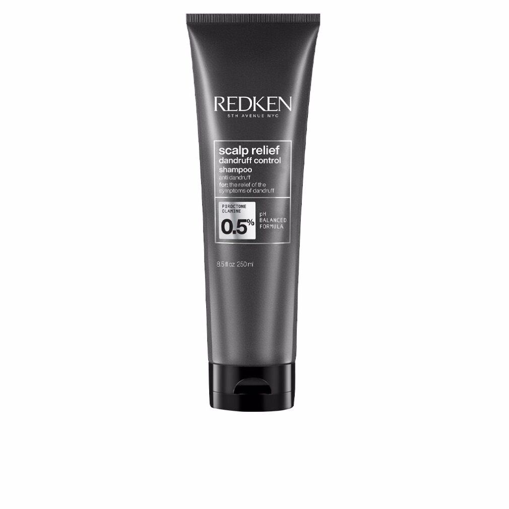 Tubo grigio scuro con informazioni sul prodotto. Scritta: Redken, Scalp Relief, 0,5% Piroctone Olamine, pH bilanciato.