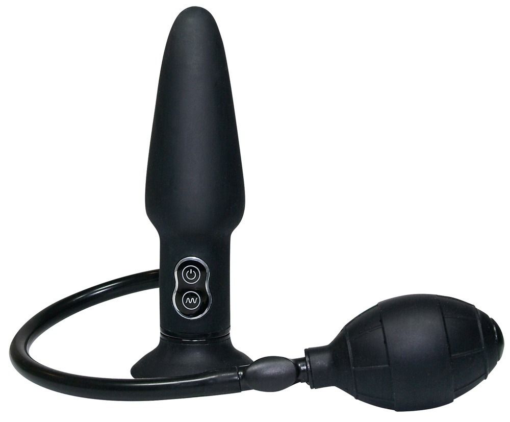 Tappo anale gonfiabile nero con due pulsanti e una pompa manuale.