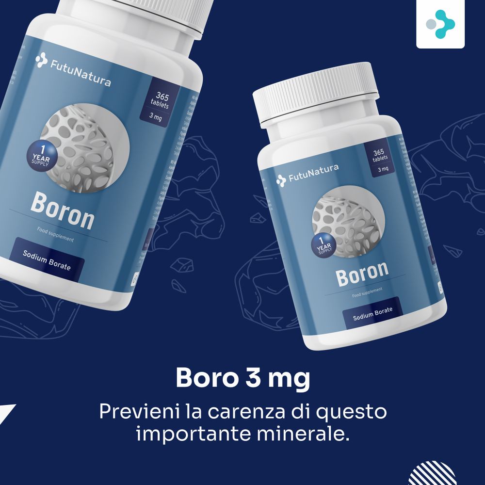 FutuNatura Boron 3 mg compresse. Due flaconi con etichetta blu. Testo: Bore 3 mg. Previene la carenza di questo importante minerale.