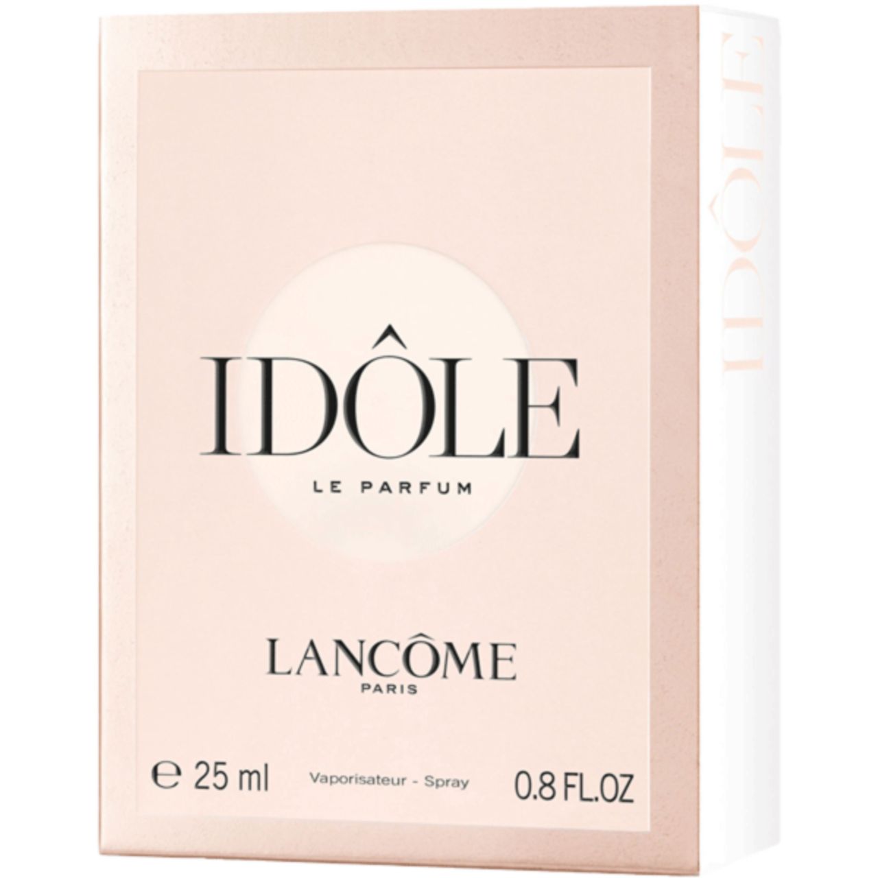 Scatola Idôle Le Parfum. Logo nero su sfondo rosa chiaro. Contenuto 25 ml, 0.8 FL.OZ.