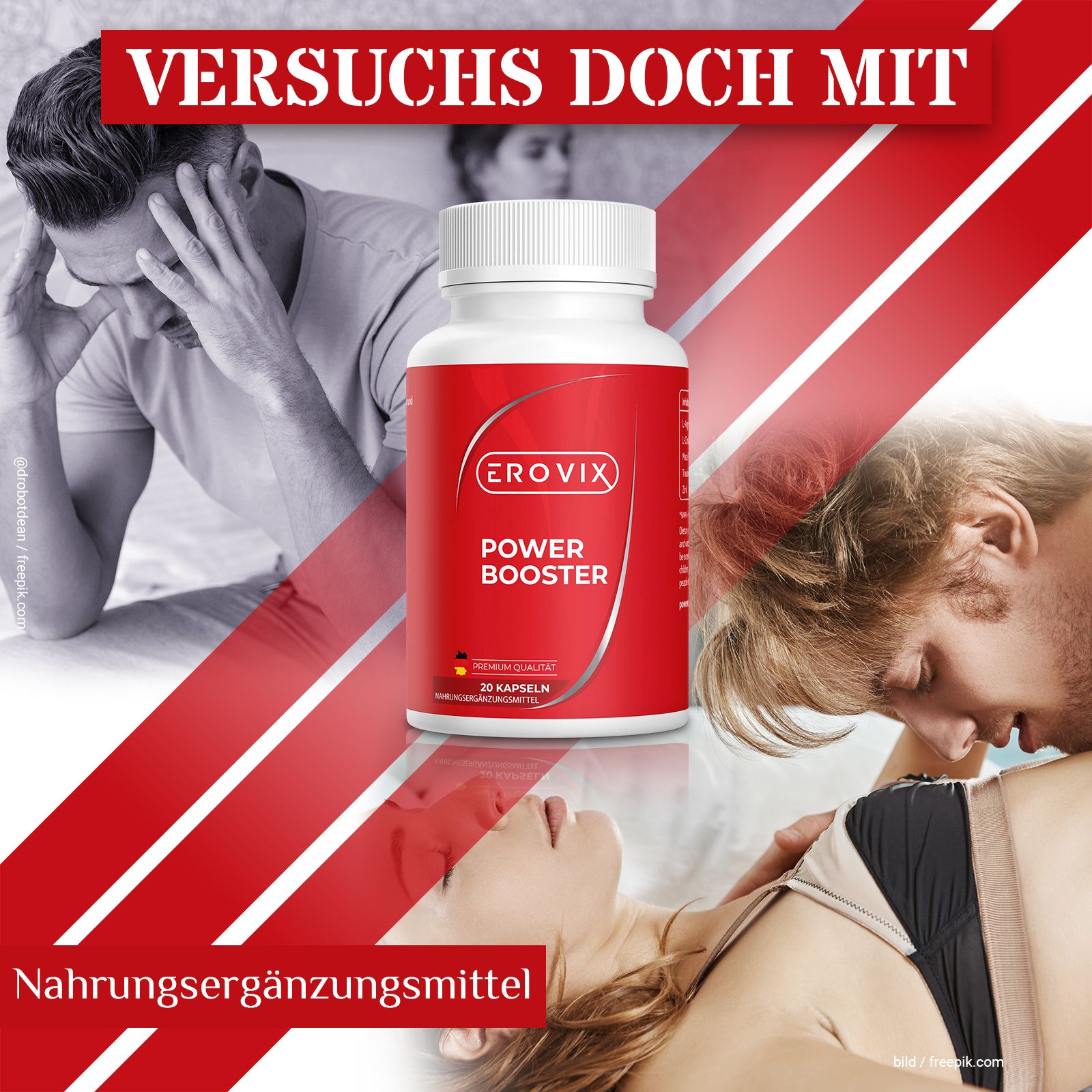 Flacone rosso con tappo bianco. Scritta: EROVIX, POWER BOOSTER. 20 capsule. Sfondo: coppie, testo: Integratore alimentare.