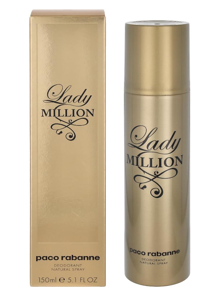 Spray deodorante e scatola dorati. Scritta Lady Million e Paco Rabanne. 150ml.
