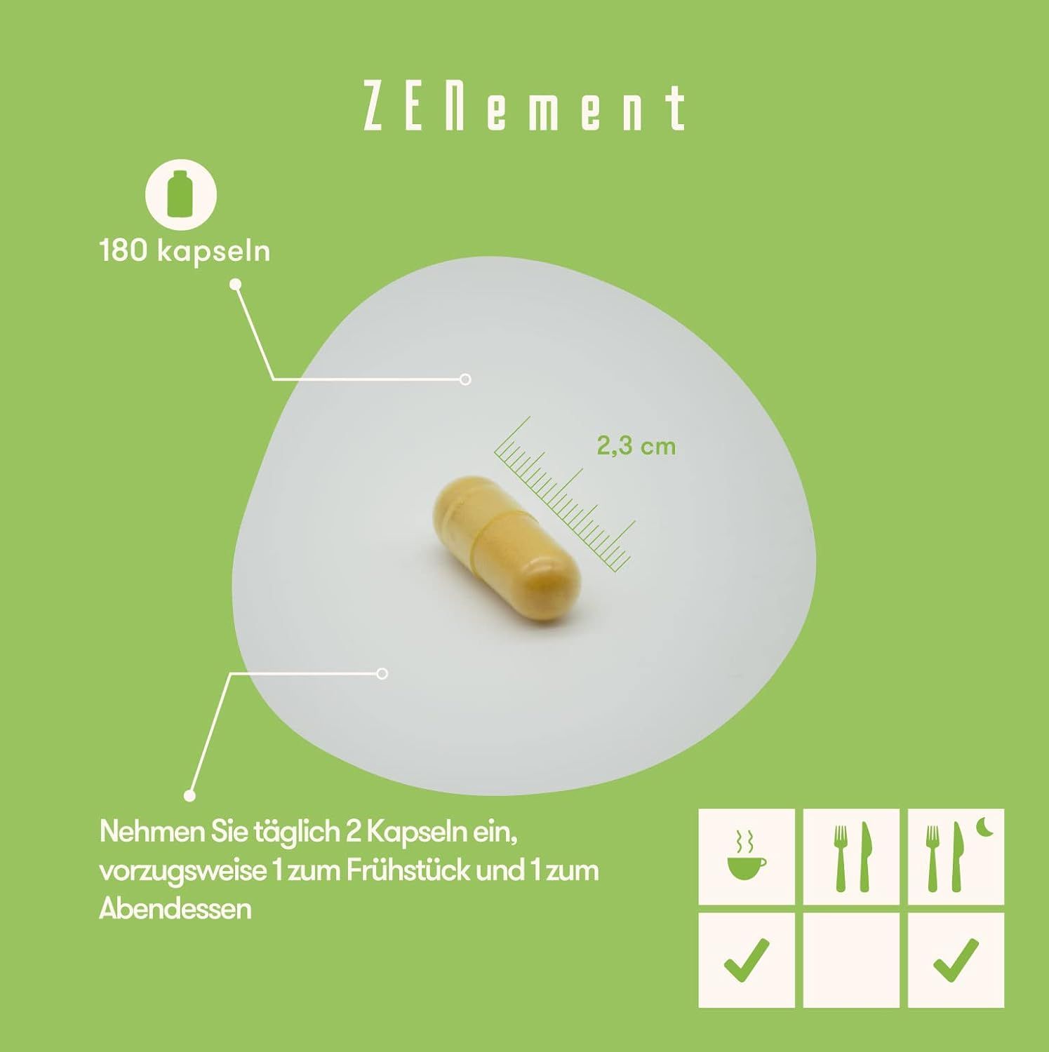 Capsula gialla su sfondo bianco. Scala di 2,3 cm. Testo: 180 capsule. Istruzioni: 2 capsule al giorno, 1 a colazione, 1 a cena.