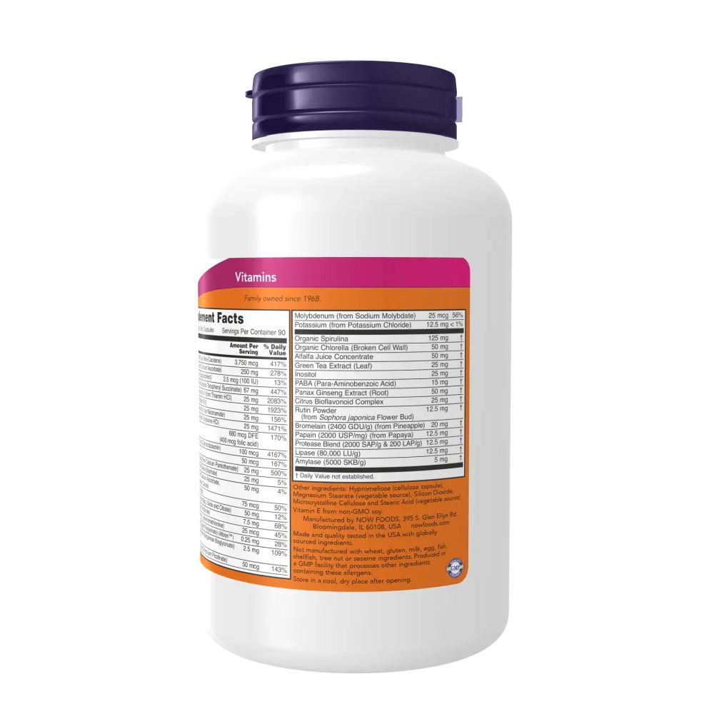 Retro del flacone bianco. Testo: Supplement Facts. Contiene vitamine e informazioni nutrizionali. Marchio NOW.