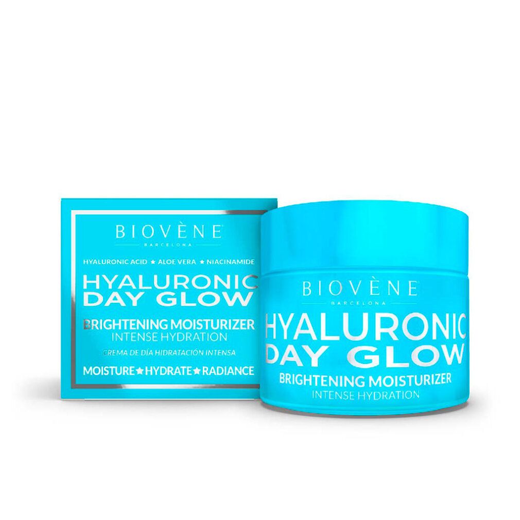 Vaso e scatola turchese. Scritta: Biovene Hyaluronic Day Glow Brightening Moisturizer Intense Hydration.