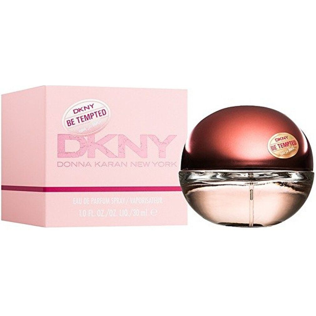 Confezione rosa e flacone. Flacone con tappo marrone e logo DKNY.