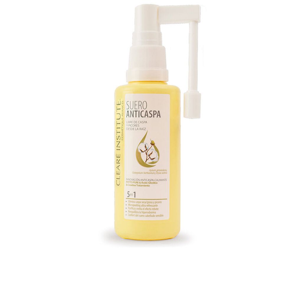 Flacone giallo con erogatore bianco. Scritta: Cleara Institut, Suero Anticaspa. Formula 5 in 1.