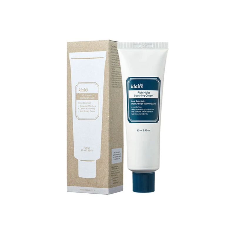 Tubo bianco e scatola. Scritta: klairs Rich Moist Soothing Cream. 80 ml. Scatola marrone.