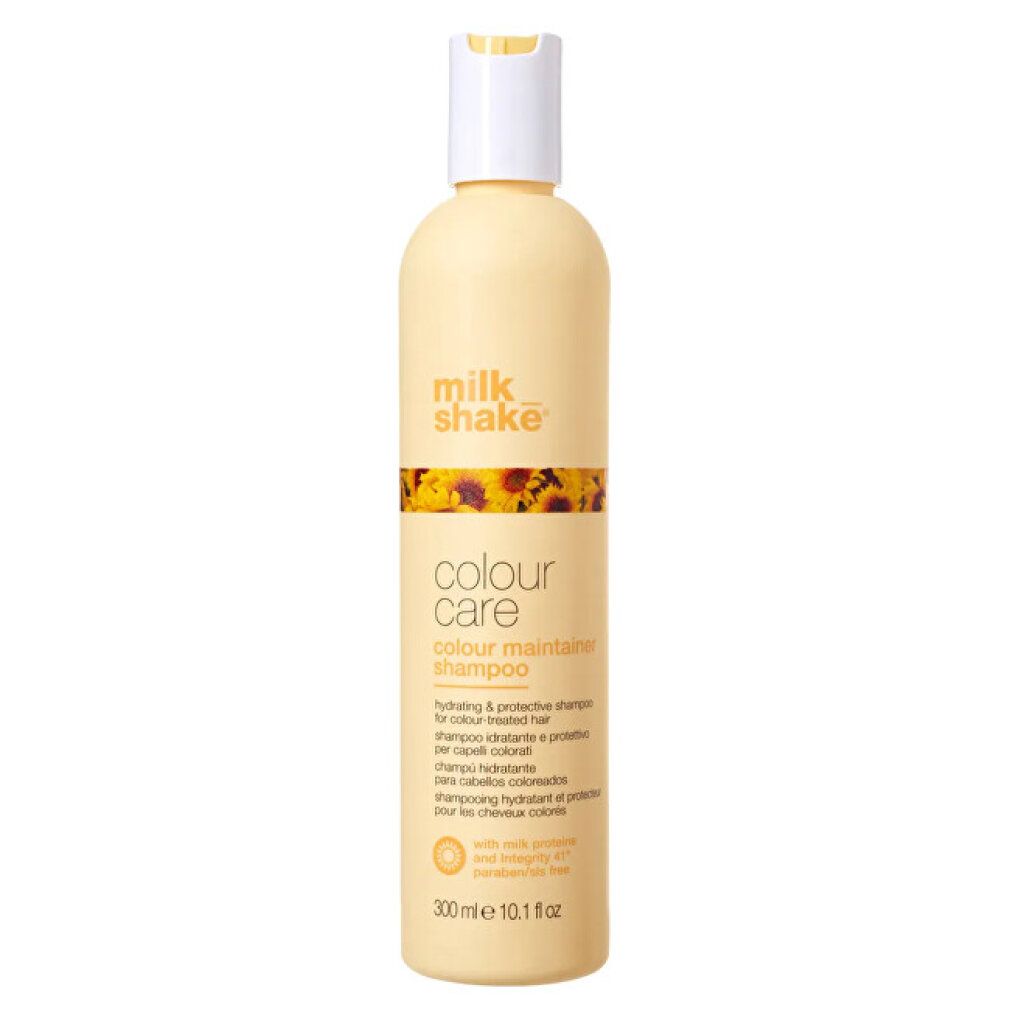 Flacone giallo con tappo bianco. Scritta: milk_shake, colour care, colour maintainer shampoo. Testo multilingue.