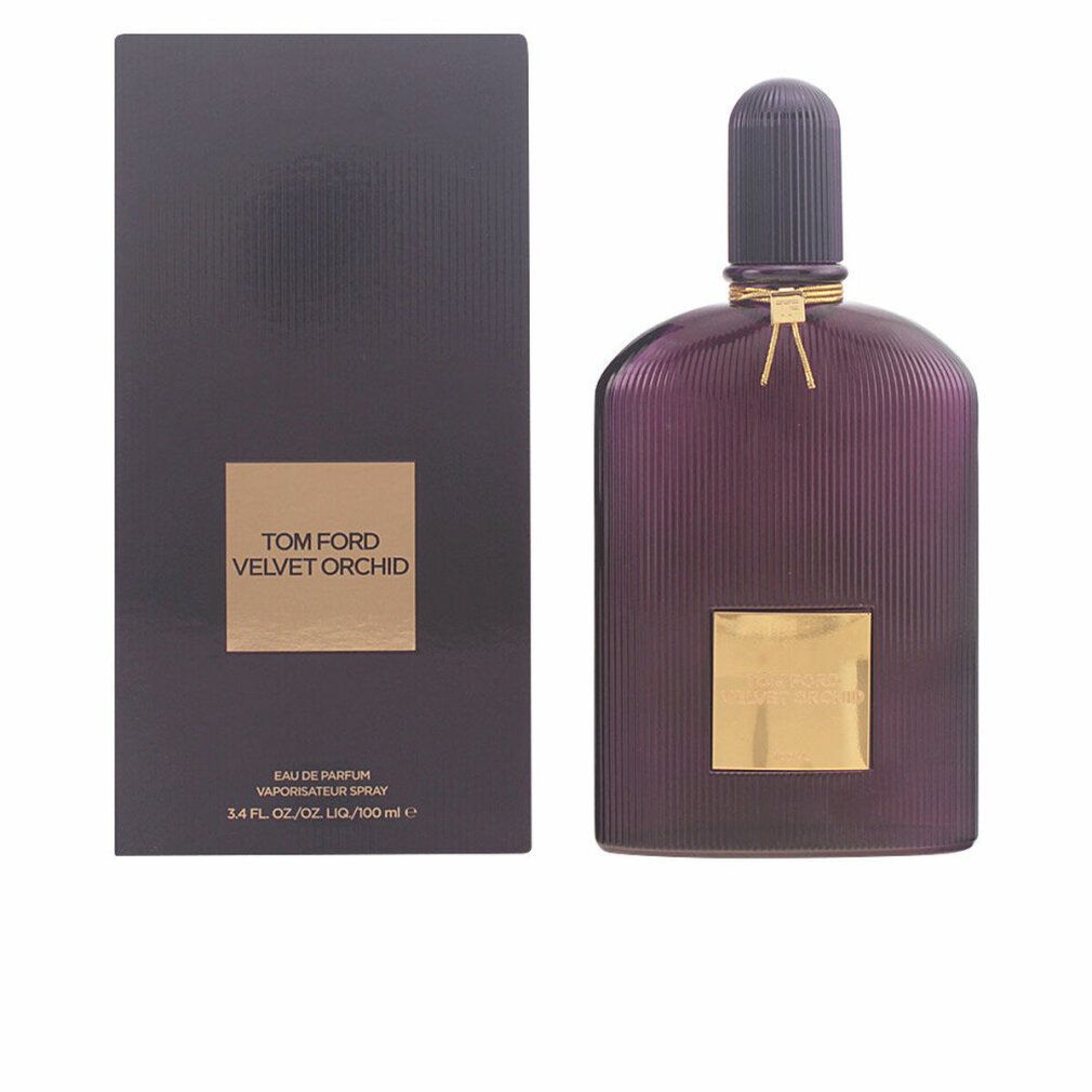Flacone viola scuro con etichetta e tappo dorati. Confezione nera con logo dorato. Testo: Tom Ford Velvet Orchid.
