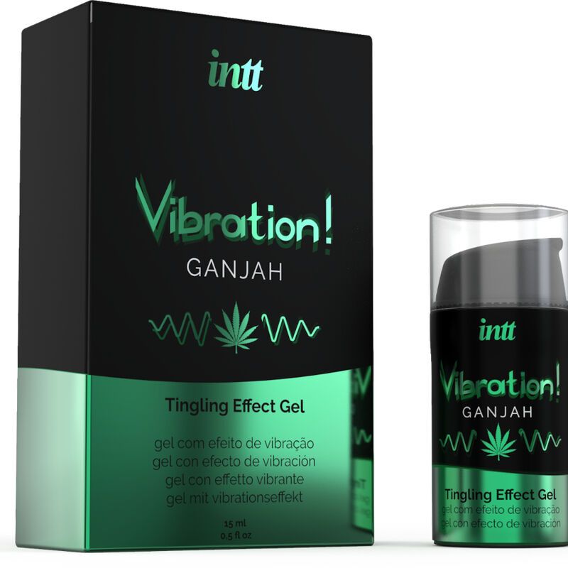 Scatola nera e flacone. Sulla scatola: INTT, Vibration!, Ganjah, Tingling Effect Gel. Flacone: identico.