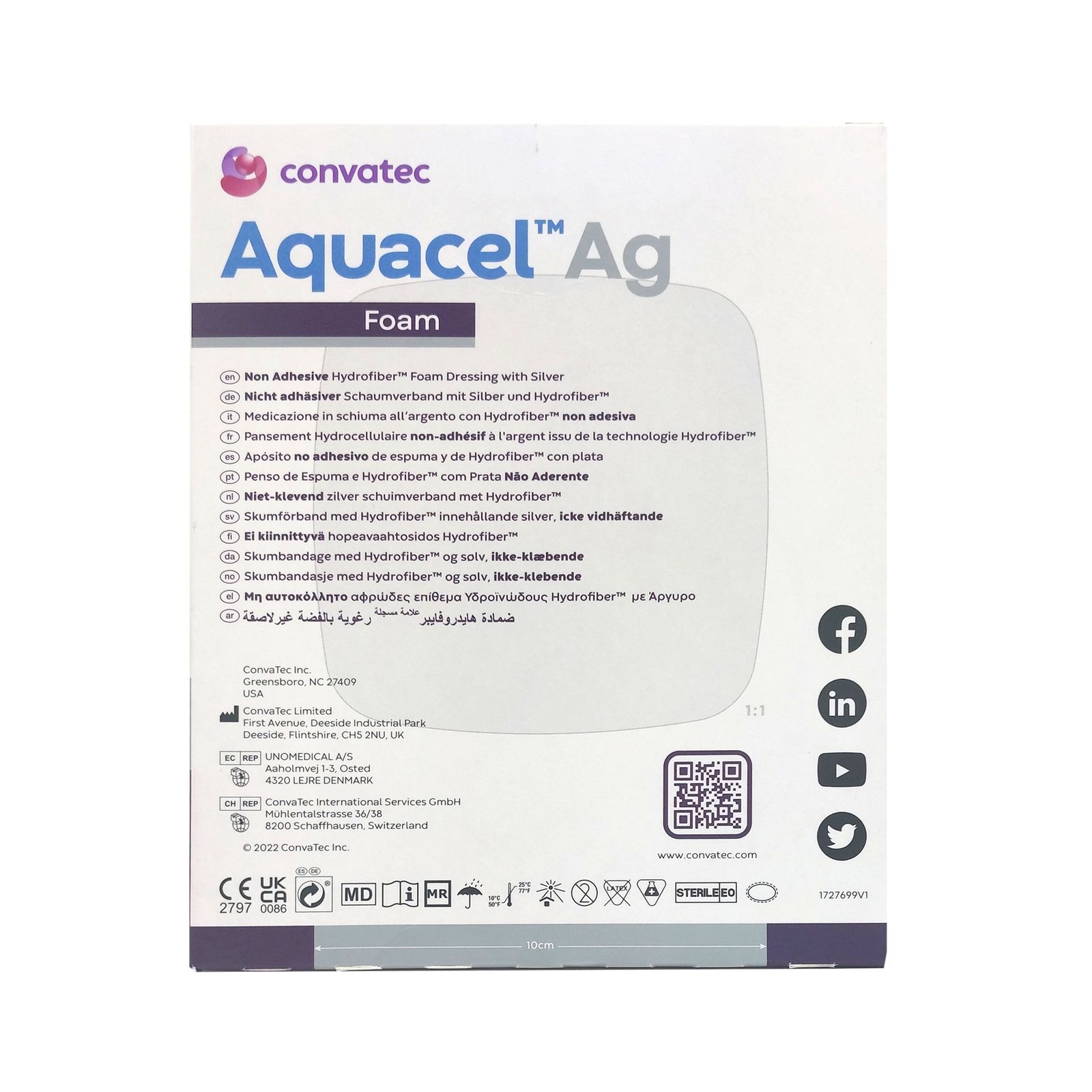 Retro della confezione AQUACEL Ag Foam. Informazioni multilingue sul prodotto. Logo Convatec e contatti.