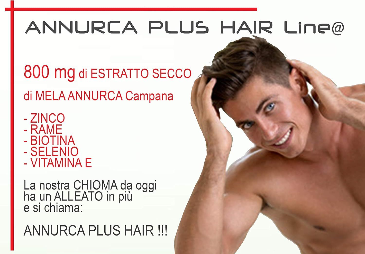 Annurca Plus Hair Line, integratore alimentare con estratto di mela, zinco, rame, biotina, selenio, vitamina E.