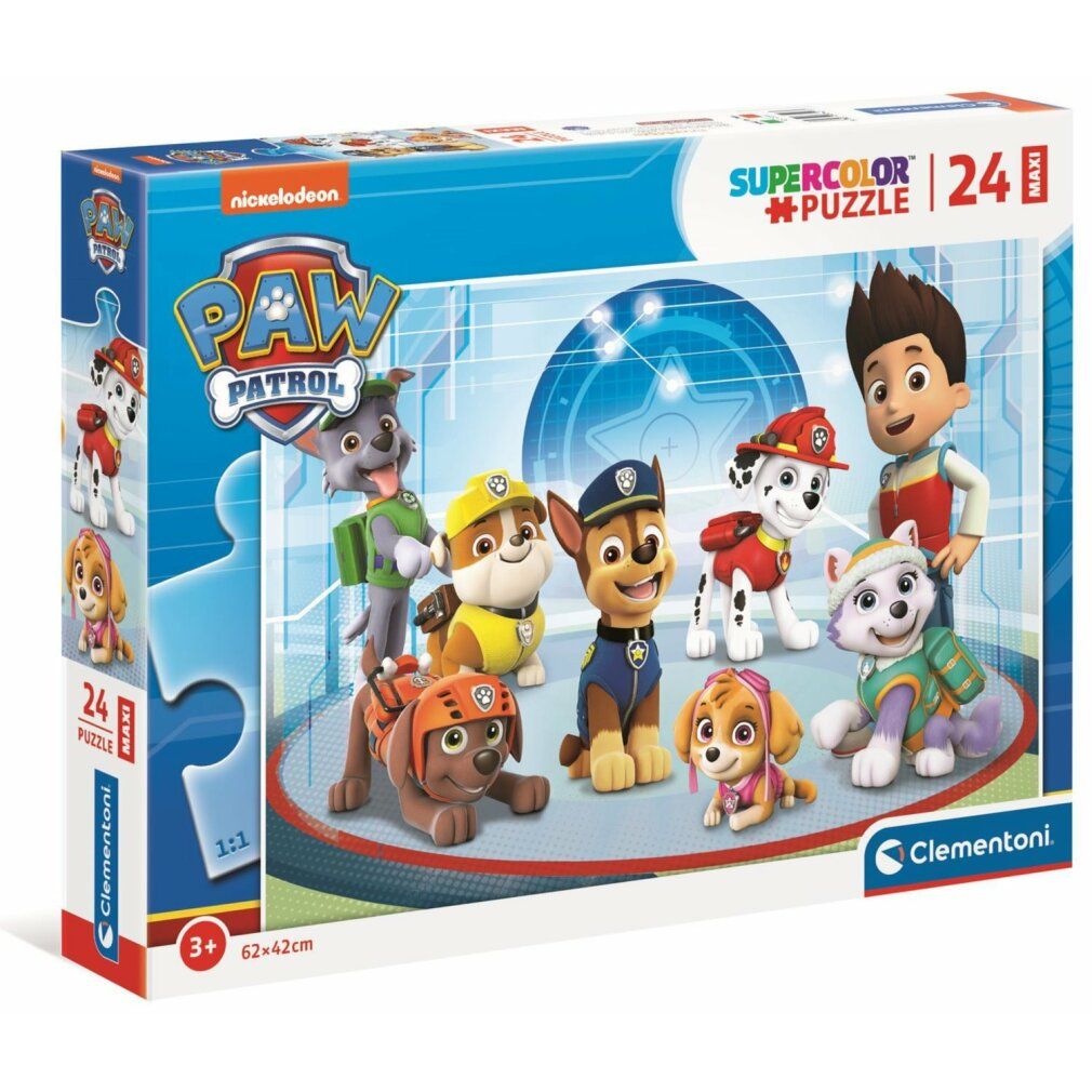 Puzzle Clementoni Paw Patrol: Freunde maxi. Confezione da 24 pezzi. Personaggi Paw Patrol su sfondo blu. Logo e raccomandazione d'età.