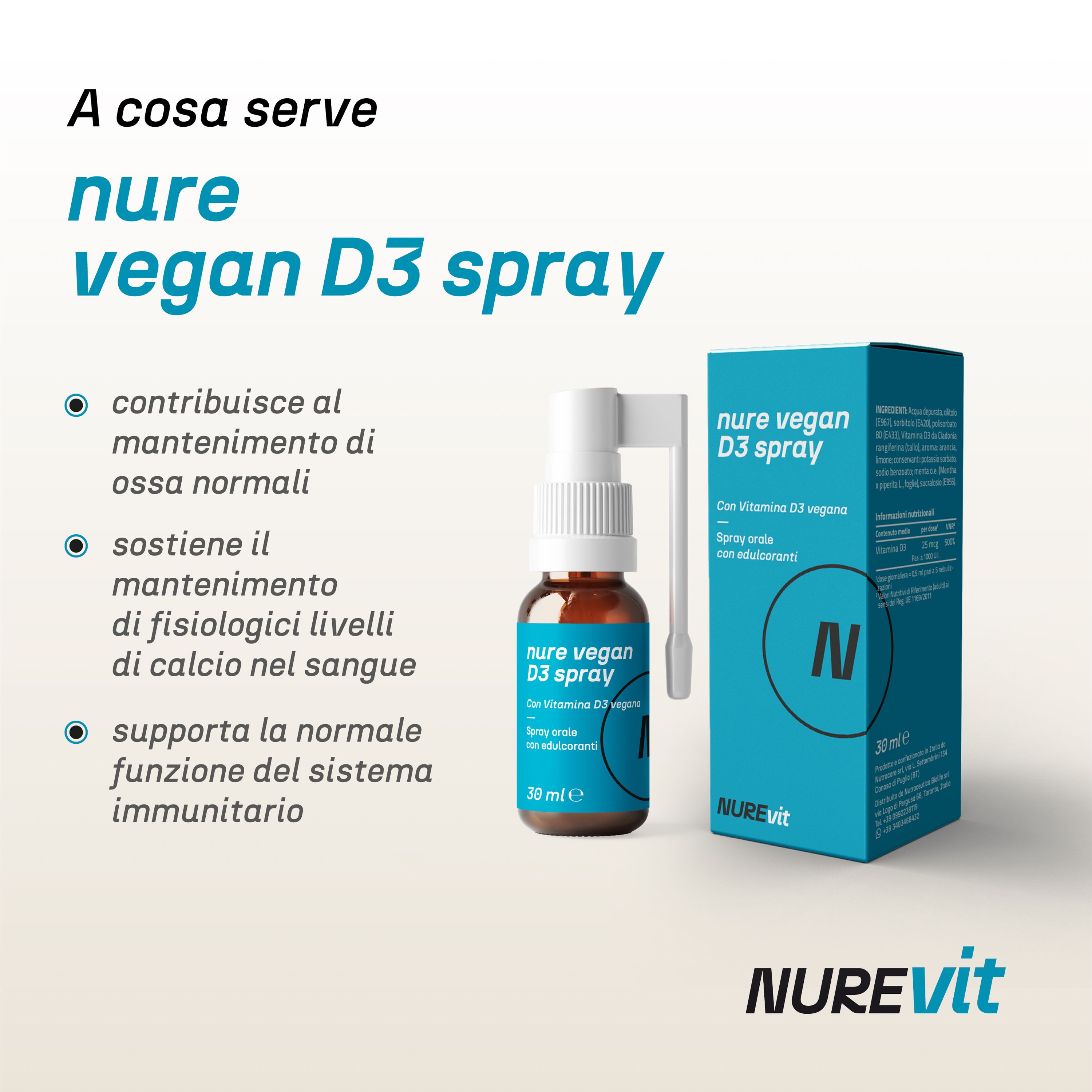 NURE D3 Vegan spray soluzione orale 30 ml | Integratore vitamina d, vitamina d3 vegan