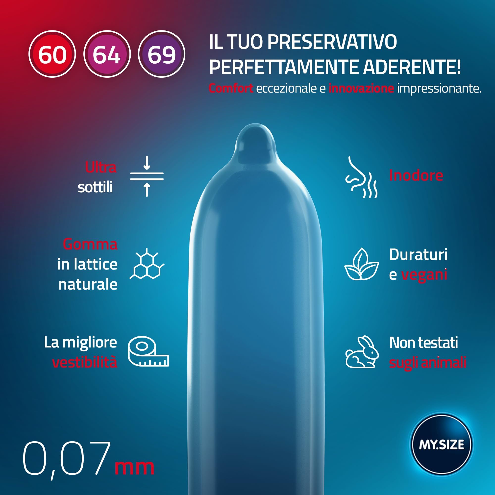 Preservativo blu con icone: sottile, lattice, ottima vestibilità, inodore, durevole, vegan, non testato su animali.