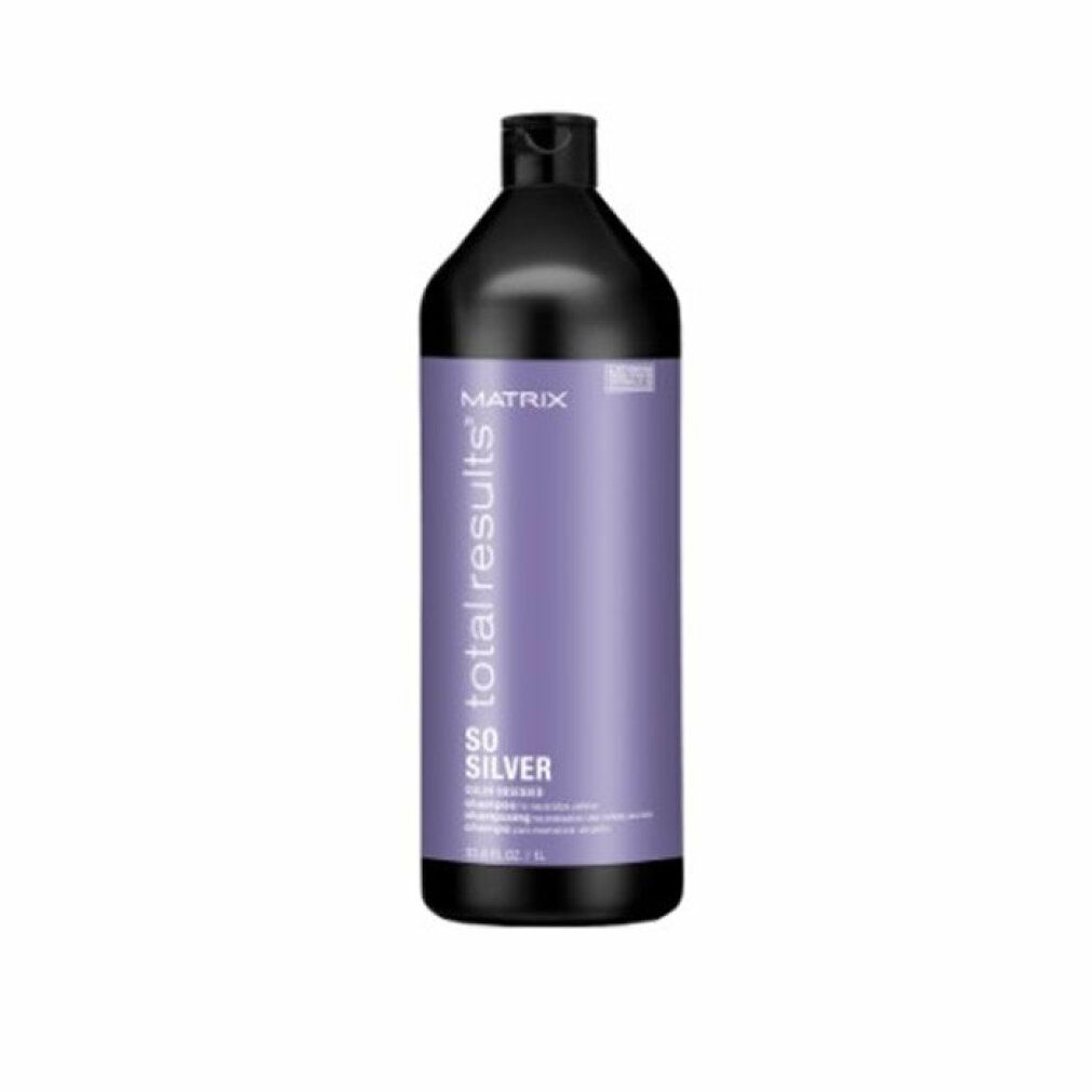 Flacone nero con etichetta viola. Scritta: Matrix Total Results So Silver Shampoo.