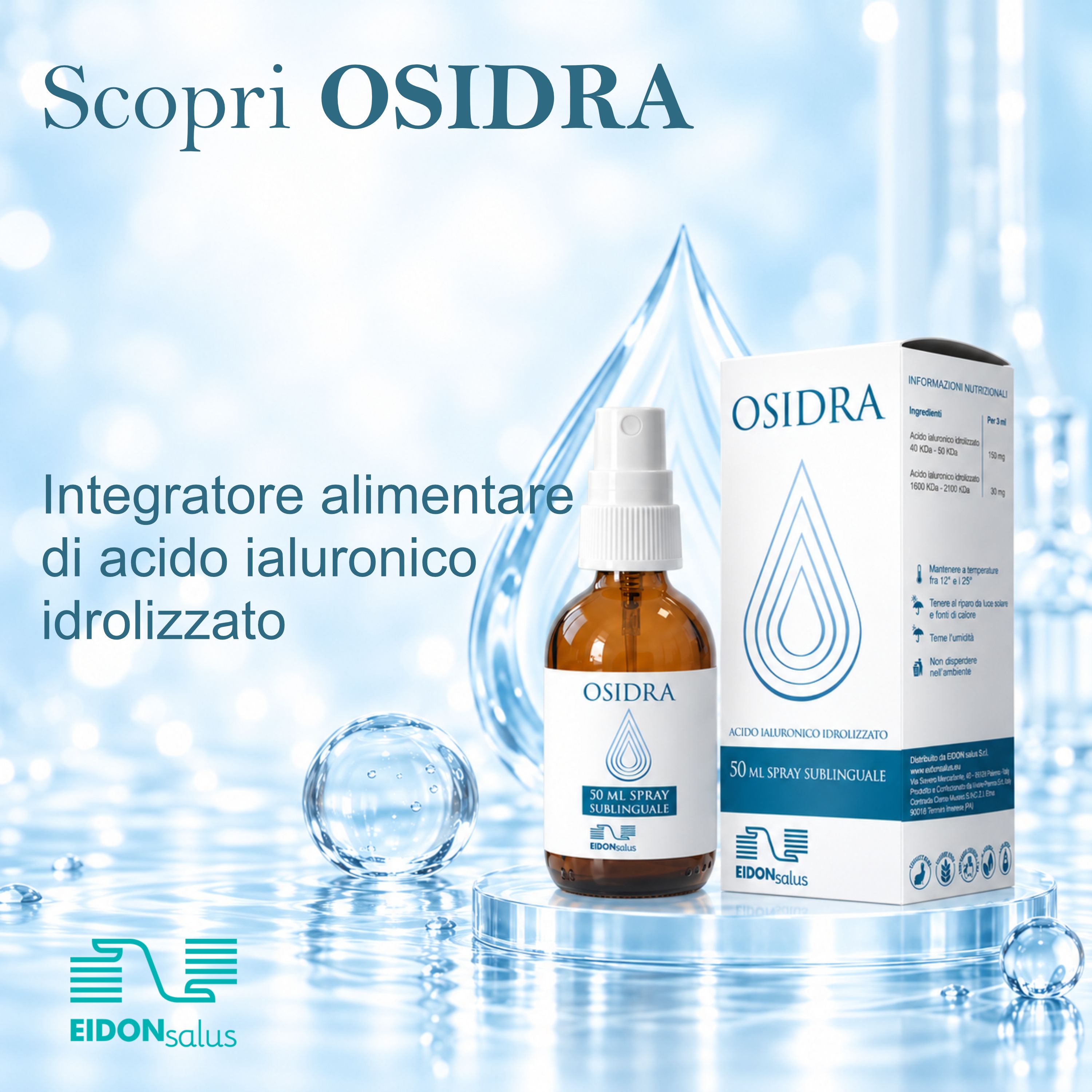 Spray OSIDRA: flacone e scatola su piedistallo. "Scopri OSIDRA Integratore alimentare di acido ialuronico".