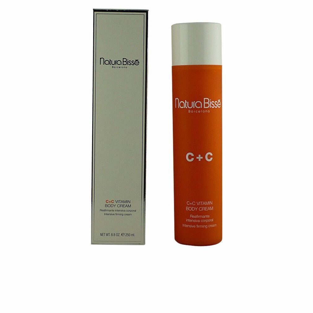 Tubo e scatola di crema corpo arancione. Scritta: Natura Bissé, C+C, C+C Vitamin Body Cream.