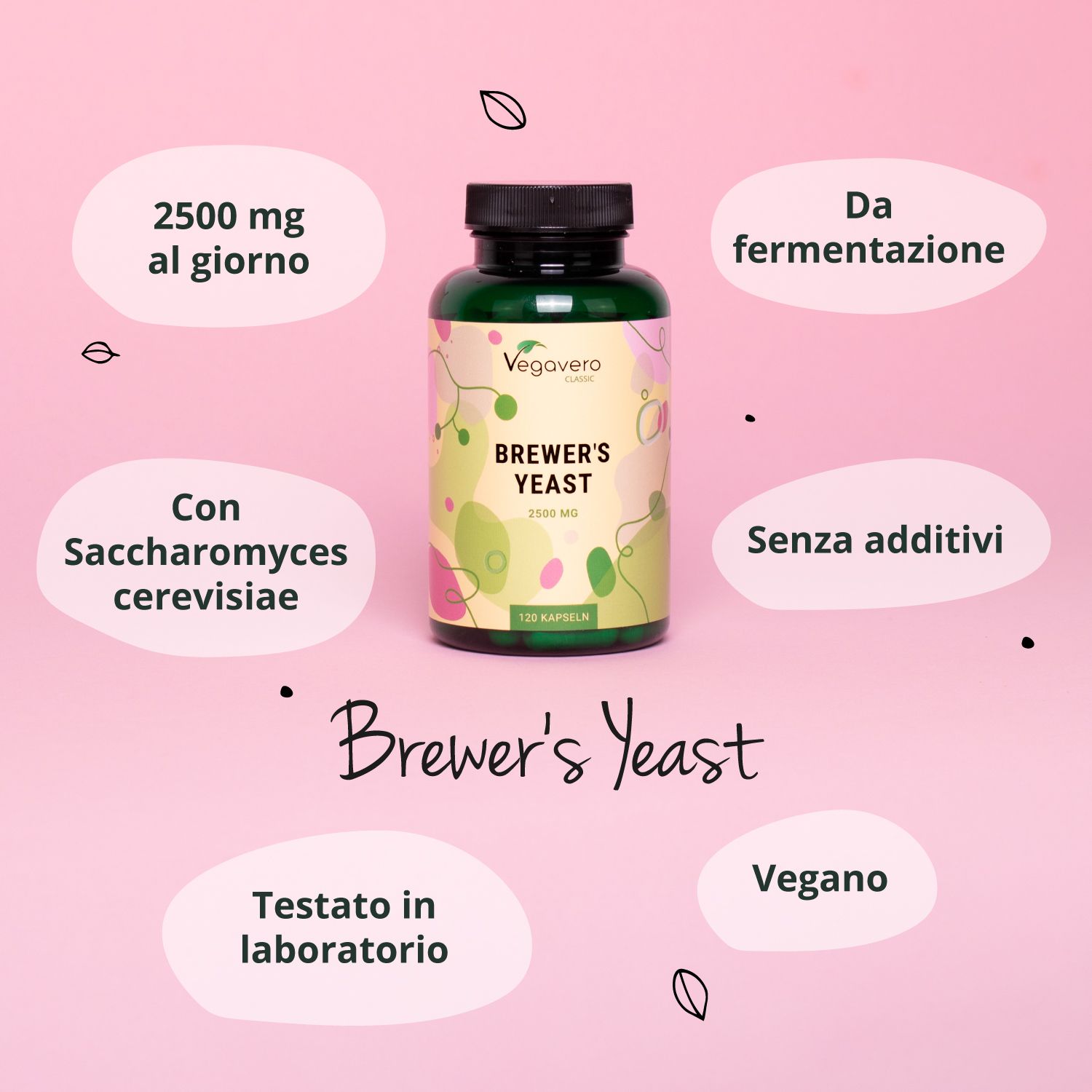 Bottiglia di capsule circondata da fumetti. Scritta: BREWER'S YEAST. Marchio: Vegavero.