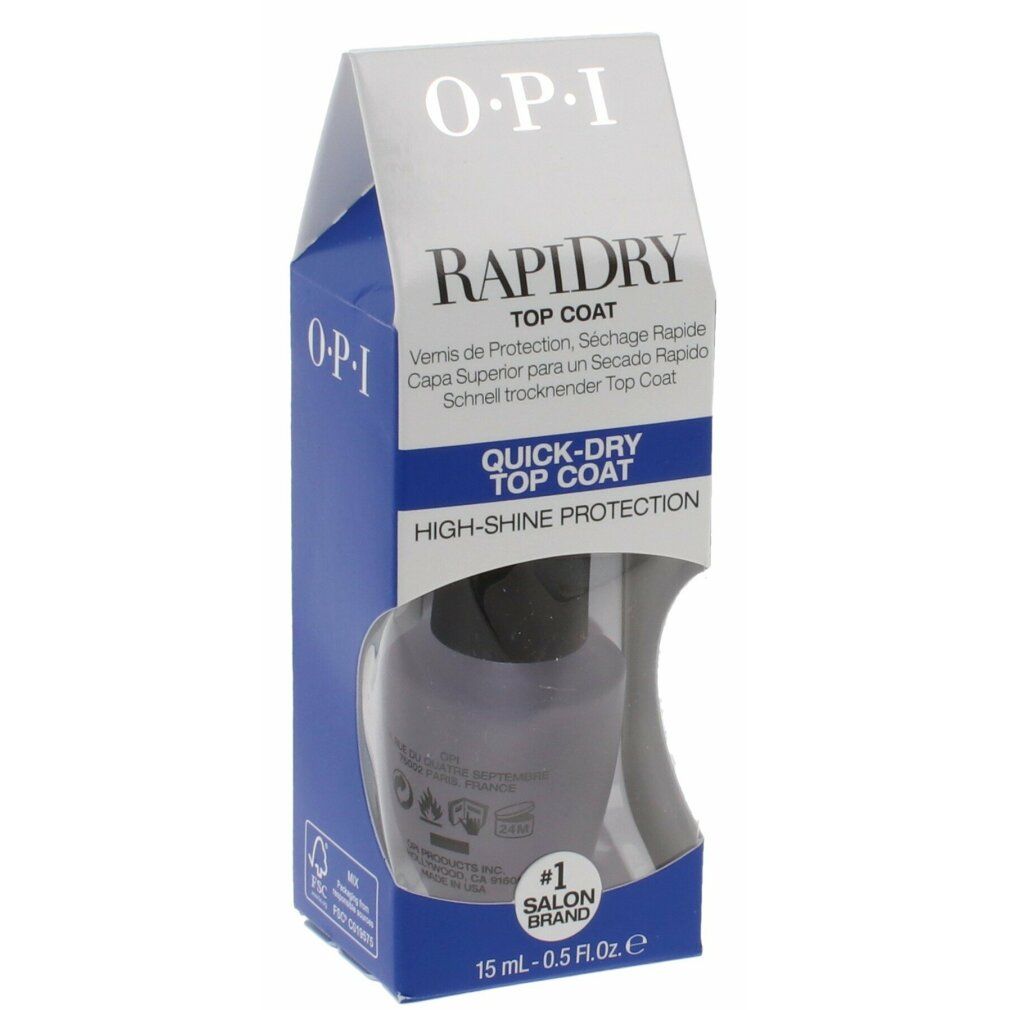 OPI Rapidry Top Coat in confezione. Confezione blu con immagine del prodotto. Scritta: Rapidry, OPI, Quick-Dry Top Coat, 15 ml - 0.5 Fl Oz.