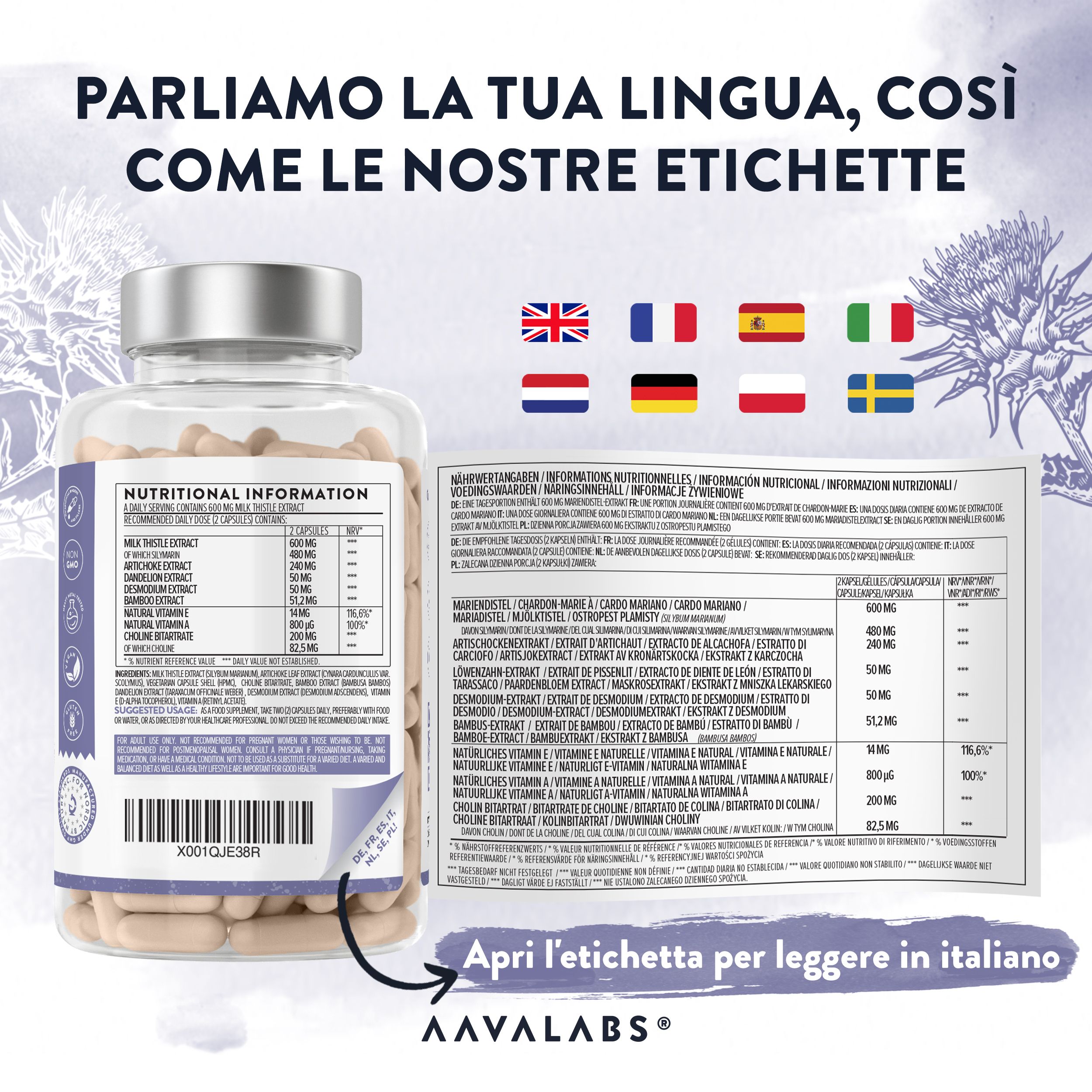 Flacone di capsule ed etichetta. Marchio: Aavalabs. Informazioni nutrizionali. Etichette multilingue.