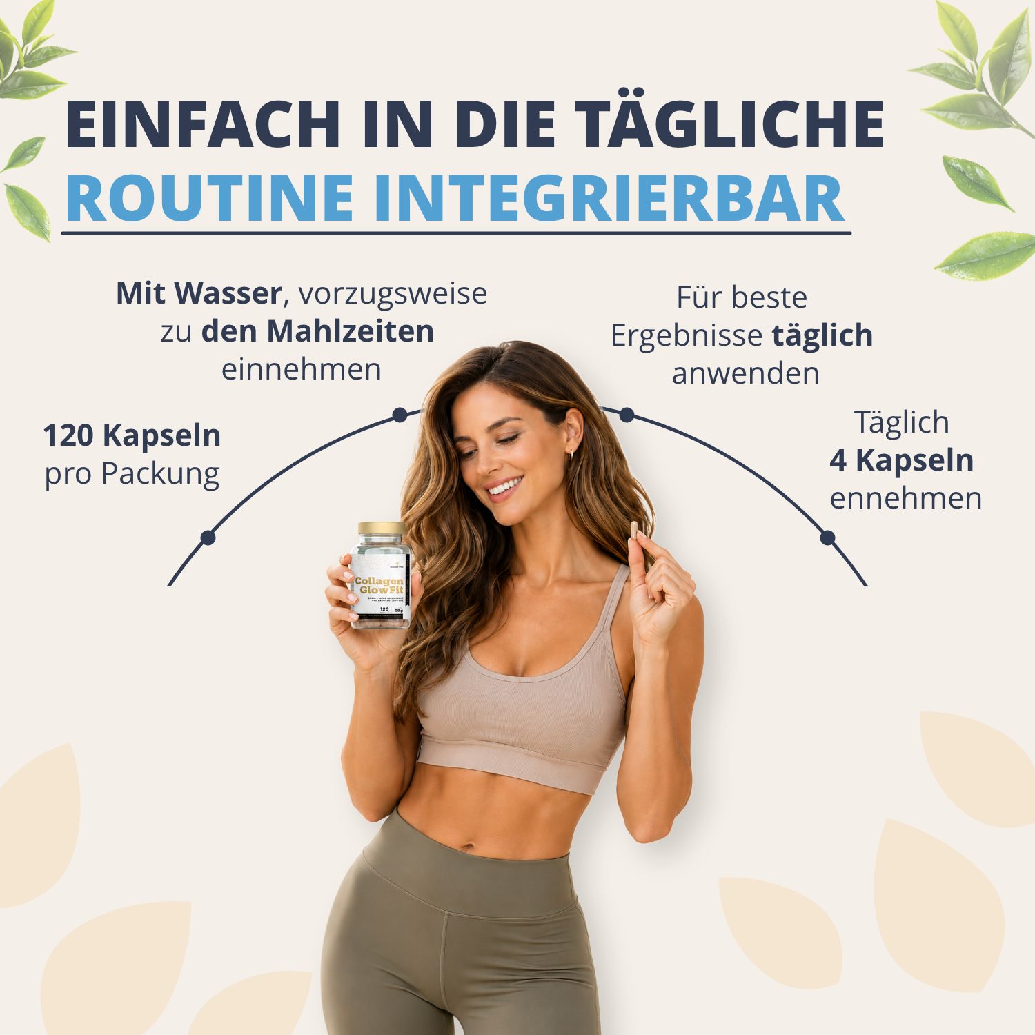 Donna che tiene una bottiglia e una capsula di Golden Tree Collagen GlowFit. Raccomandazione: 4 capsule al giorno.