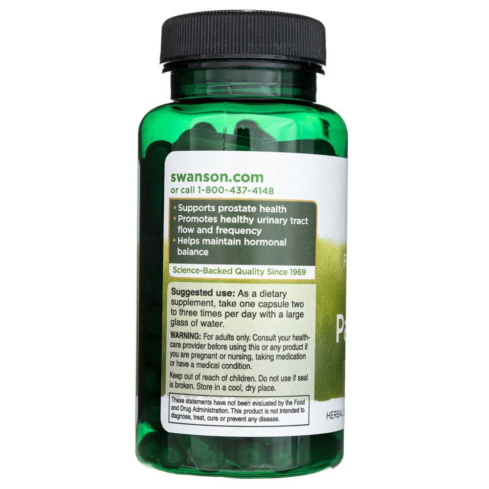 Retro di una bottiglia di capsule di Saw Palmetto con istruzioni e caratteristiche di qualità.
