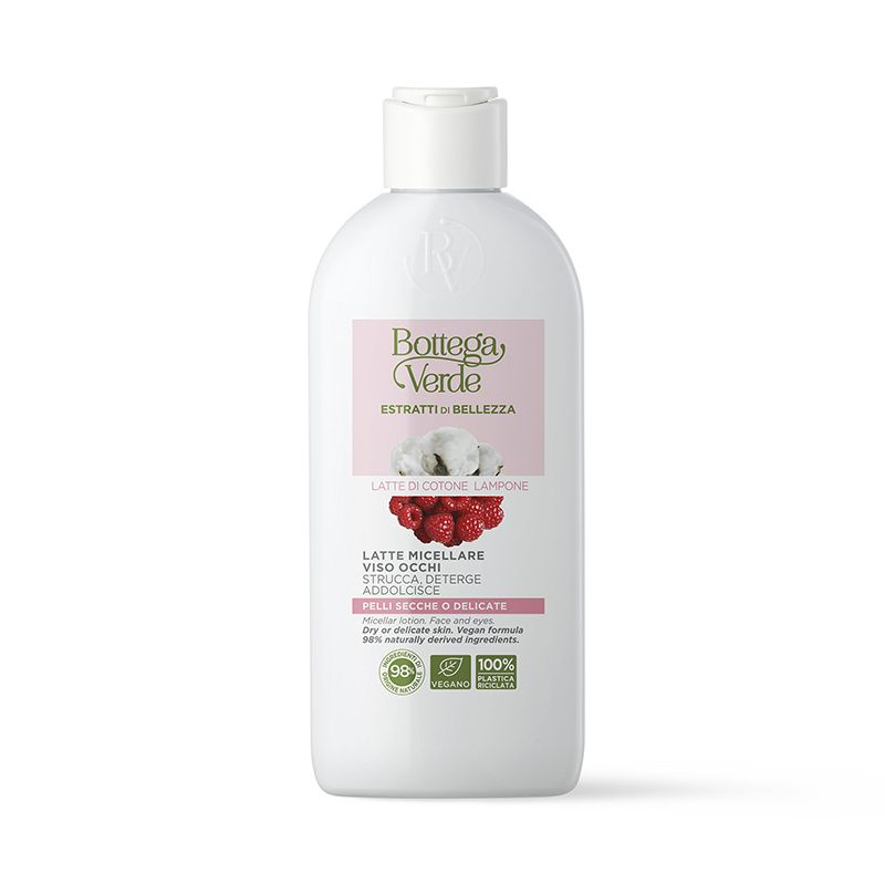 Flacone bianco con etichetta rosa. Testo: Bottega Verde, Latte micellare, Latte di Cotone e Lampone. Vegan, 98% ingredienti naturali.
