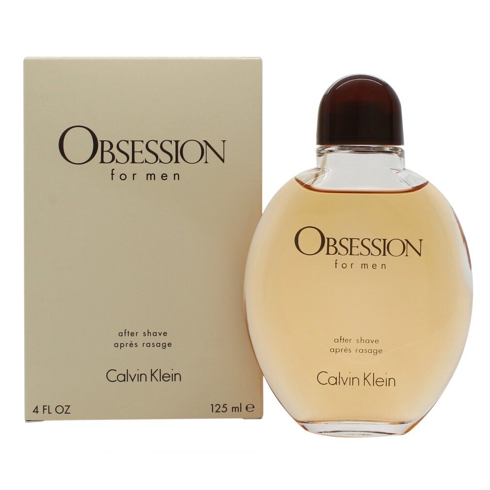Calvin Klein Obsession for Men lozione dopobarba. Flacone e confezione. Flacone beige con tappo marrone. Scritta Obsession for men.
