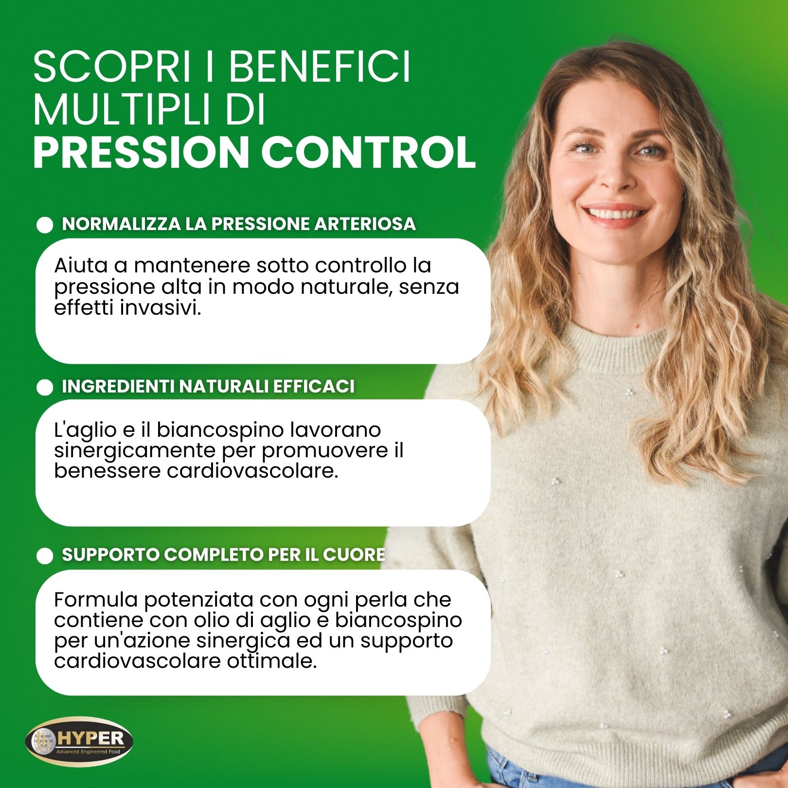 Donna sorridente. Sullo sfondo, flacone marrone con capsule. Scritta: Pression Control Aglio & Biancospino. Testo sui benefici.
