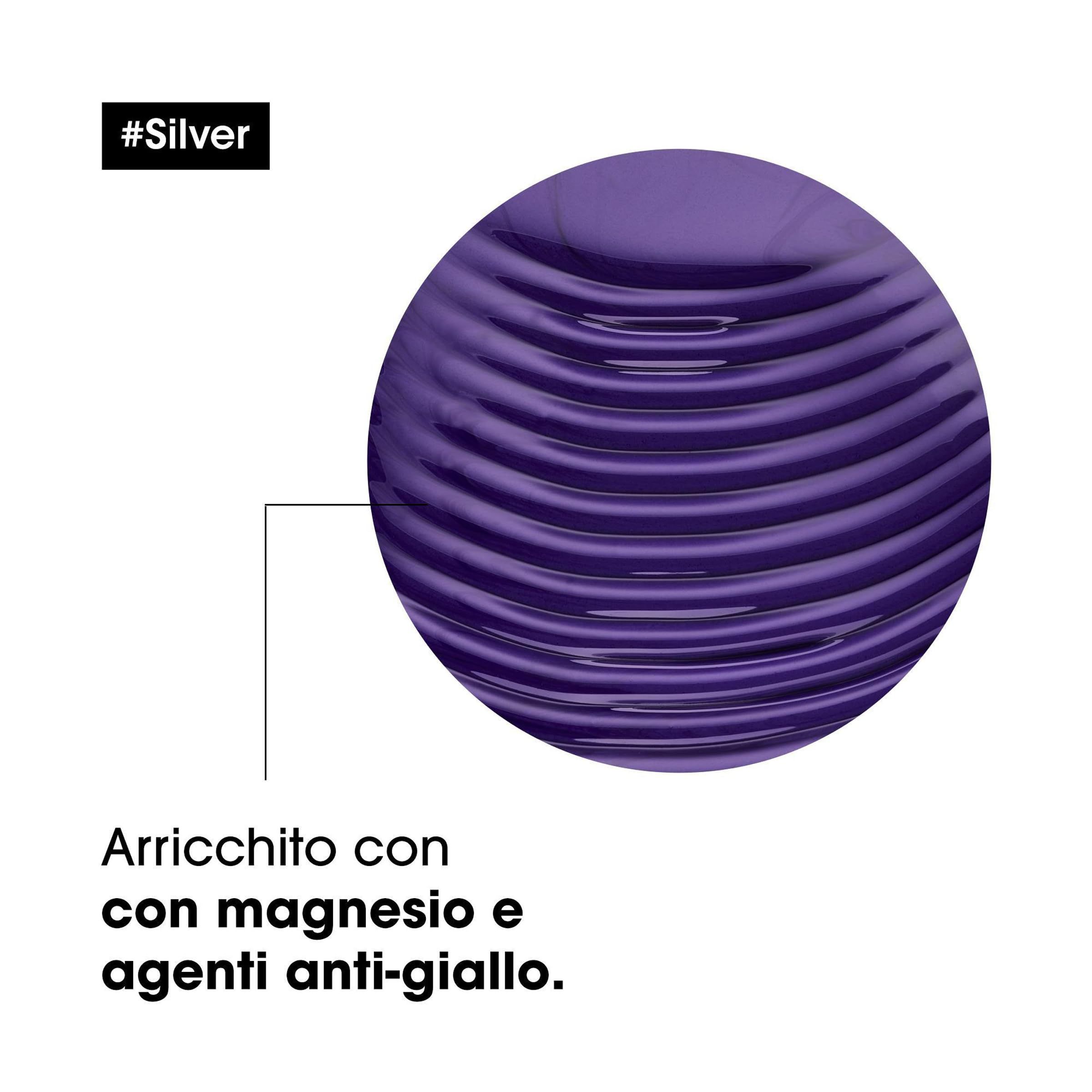 Superficie circolare viola con scanalature. Testo: Arricchito con magnesio e agenti anti-giallo.