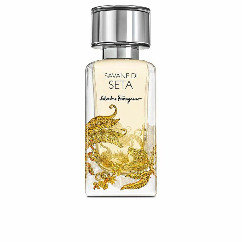 Flacone di profumo con decorazioni dorate e tappo argentato. Scritta: Savane Di Seta, Salvatore Ferragamo.