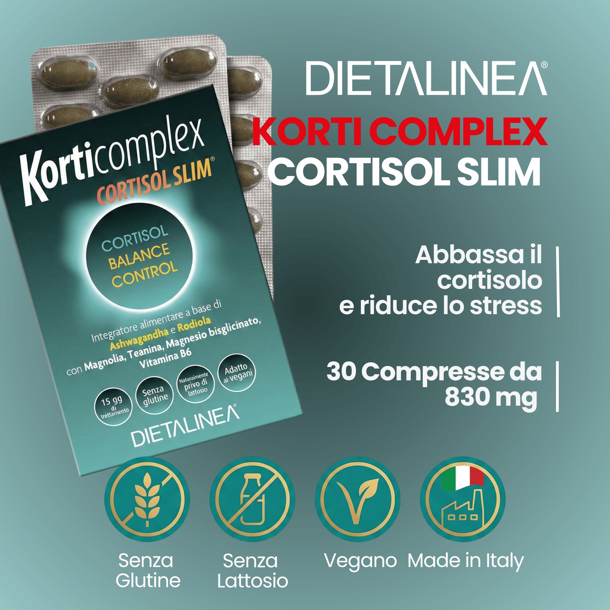 Confezione e blister di Korticomplex Cortisol Slim, 30 compresse da 830 mg.