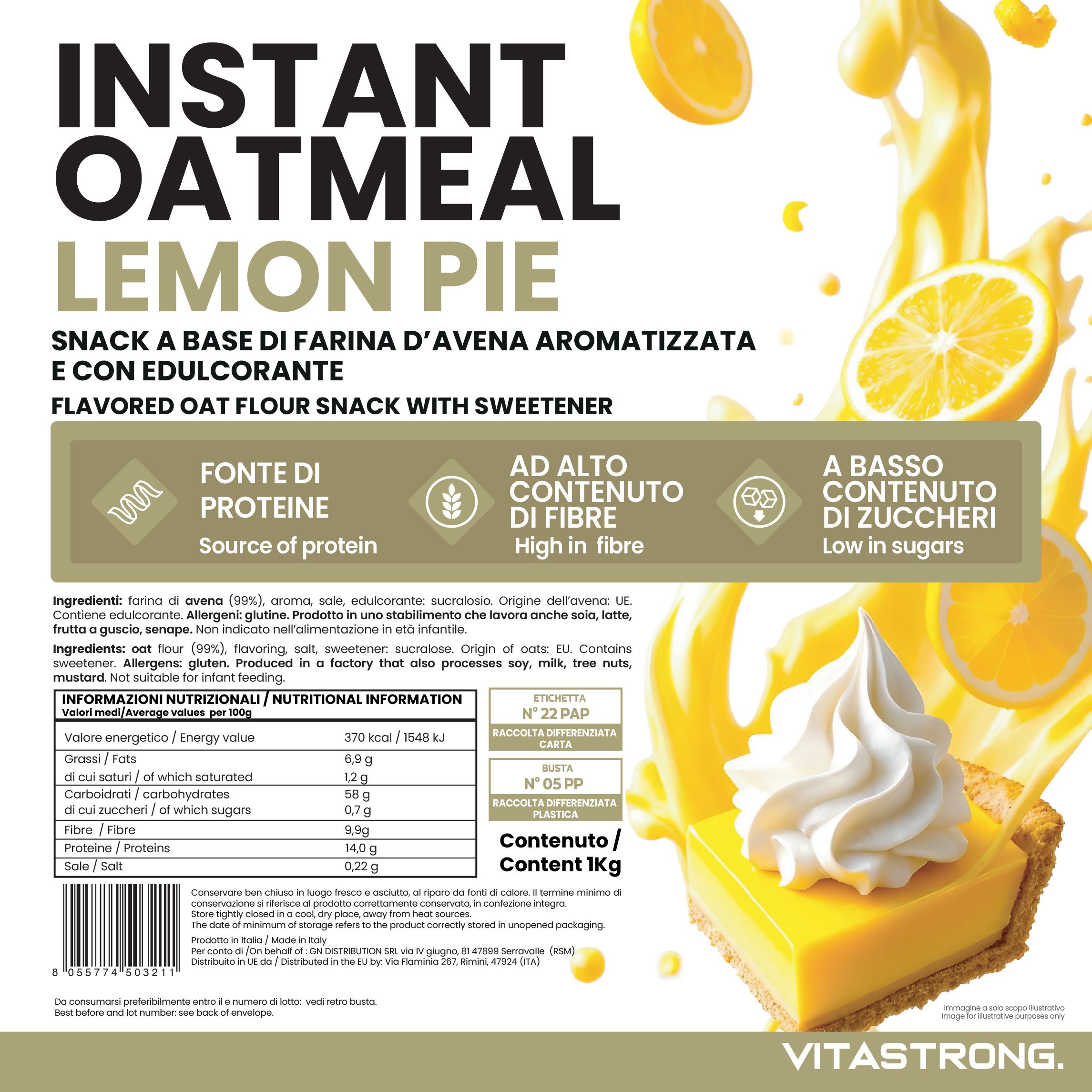 Confezione di Instant Oatmeal Lemon Pie. Testo: Instant Oatmeal, Lemon Pie, Vitastrong. Immagine: fetta di torta con panna.