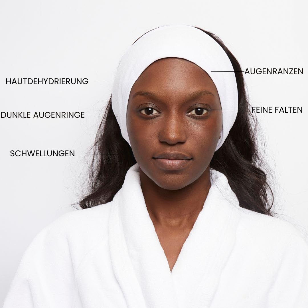 Donna con fascia. Segni indicano disidratazione, occhiaie, gonfiori, contorno occhi, rughe sottili.